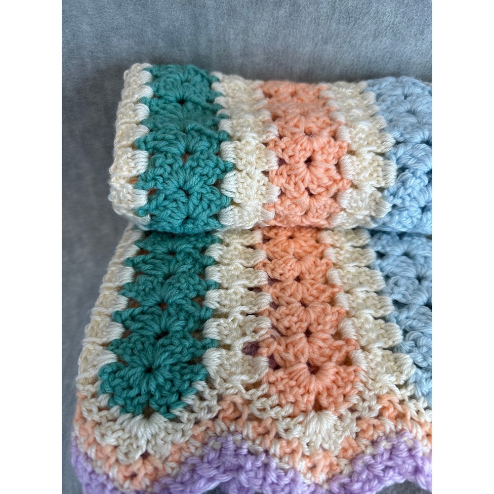 VTG Handmade Crochet Baby Blanket Throw Pastel Stripes Scallop Trim Sz 31" x 31"
